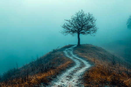 A lone tree crowns a gentle hill, with a curving dirt trail leading into misty, gray surroundings, evoking solitude and quiet introspection.の写真素材