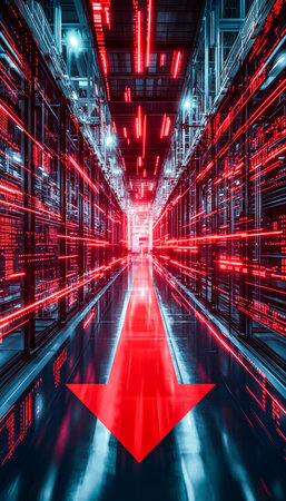 A sleek, high-tech server hub illuminated by vibrant crimson pathways, showcasing advanced digital...