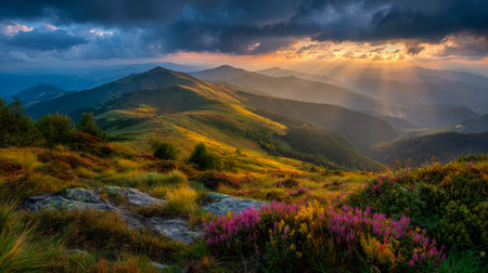 Vibrant wildflowers scatter lush slopes beneath a fiery sunset sky, with towering peaks and swirling...