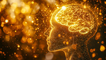 A luminous human profile with an intricate neural matrix, set against a shimmering gold backdrop that evokes innovation and mental vitality.の写真素材