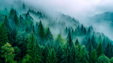 Dense pine trees cloak a gentle mountain incline, veiled in misty fog that evokes tranquility and...