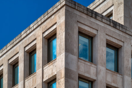 A sleek contemporary stone structure features glossy glass panels mirroring the azure sky, exuding elegance and urban sophistication.の写真素材
