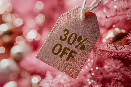 A vibrant pink Christmas tree adorned with shiny ornaments, accompanied by a bold discount label indicating a 30% savings, perfect for holiday promotionの写真素材