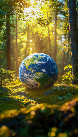 A miniature globe nestled among vibrant green foliage, bathed in warm sunlight, evoking themes of nature, sustainability, and environmental harmony.の写真素材