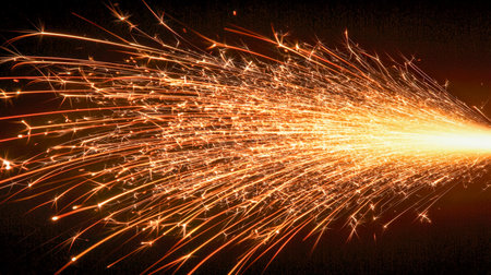 Vibrant golden sparks streak through a shadowy backdrop, capturing dynamic motion and intense energy in a mesmerizing long-exposure scene.の写真素材