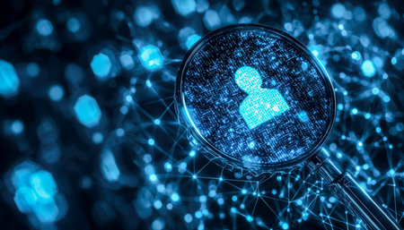 A user profile symbol magnified under a glass amid interconnected digital nodes, evoking themes of...