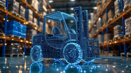 A sleek, glowing blueprint of a forklift hovers in a high-tech warehouse, emphasizing innovation and...
