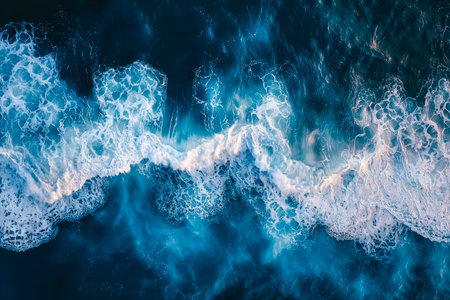 An overhead perspective captures vigorous ocean currents in rich blue hues, highlighting swirling...