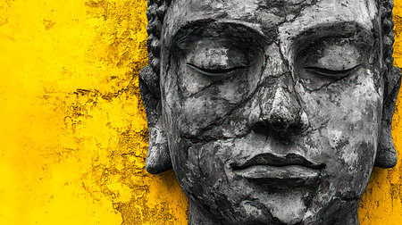 Calm, ancient visage with gentle features contrasts against a lively, vivid yellow background,...