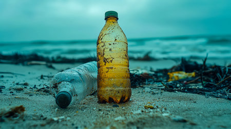 Empty plastic containers scattered across golden sands with gentle ocean waves and a distant blue...