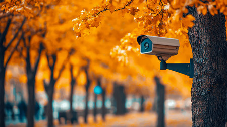 An observant eye discreetly placed among vivid fall foliage, blending technology with nature during...