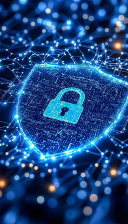 A luminous padlock embedded in a sleek, high-tech shield, surrounded by interconnected data streams...