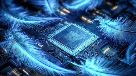 Intricate electronic circuit with shimmering blue feathers forming a luminous halo, evoking a fusion...