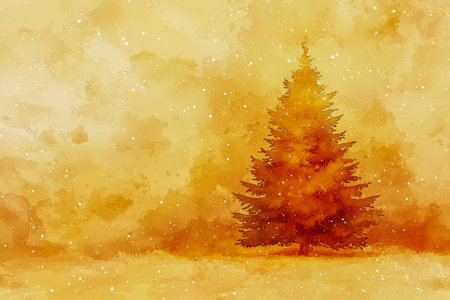 A delicate watercolor artwork depicts a solitary pine silhouette against a cozy yellow backdrop, softly dusted with gentle winter snowflakes.の写真素材