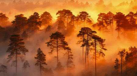 Soft dawn light filters through towering pines cloaked in morning mist, creating a tranquil, poetic...