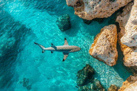 A sleek shark slices through pristine turquoise waters, close to rugged rocks, creating an adventurous and vibrant marine scene.の写真素材
