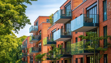 A sleek contemporary apartment complex vibrant features brickwork and transparent balcony panels,...