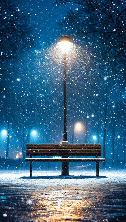 A tranquil scene features a secluded park bench softly illuminated by a warm streetlamp, with gentle...