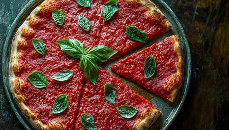 A homemade style pizza featuring melted cheese, ripe tomato slices, and aromatic basil leaves, presented on a weathered baking tray for a cozy, rusticの写真素材
