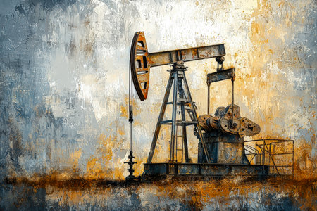 A vintage pumpjack with flaking rust stands atop rough, aged wall textures, evoking industrial decay and nostalgic ruggedness.の写真素材