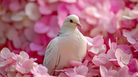 A pure white bird rests gently amid lush pink hydrangea clusters, evoking peace and natural elegance in a serene garden setting.の写真素材