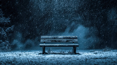 A solitary wooden bench blanketed in snow, set in a peaceful, dimly lit outdoor space under a drizzly winter sky, evoking serenity and solitude.の写真素材
