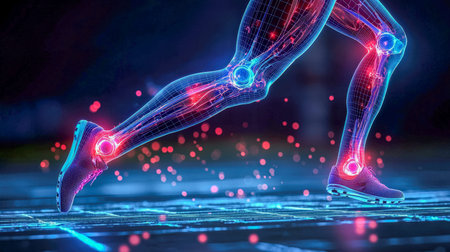 Dynamic sci-fi style rendering of a leg mid-run, with illuminated joint markers emphasizing...