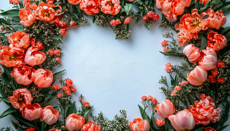 A lively arrangement of colorful tulips and roses forms a heart outline against a soft textured backdrop, perfect for romantic and spring-themed designの写真素材