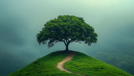 A lone tree stands on a rolling green slope, with a meandering trail disappearing into a foggy, tranquil countryside, evoking serenity and solitude.の写真素材
