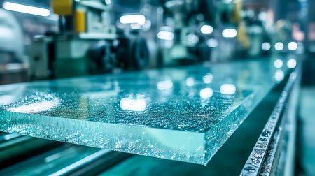 Close-up of a sleek glass panel adorned with tiny water beads, set against a rugged industrial backdrop, highlighting contrast and clarity.の写真素材