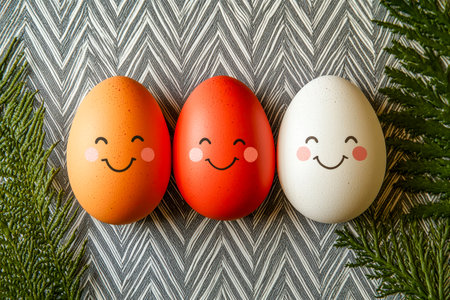 Brightly painted eggs with cheerful expressions rest against a decorative backdrop, encircled by lush greenery, evoking springtime joy and festive chaの写真素材
