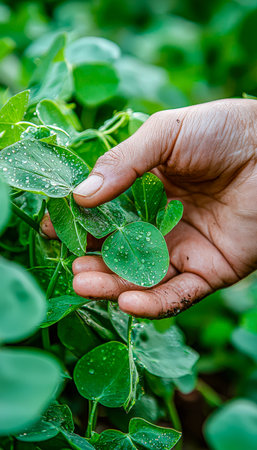 A detailed shot of a finger gently touching glossy leaves dotted with glistening water droplets,...