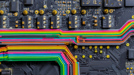 Intricate circuit board with vibrant cables and miniature electronic parts, showing technological...