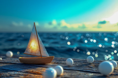 A quaint wooden vessel rests on an aged pier, accented by sleek white globes, against a softly blurred sea glow at dusk, evoking peaceful maritime chaの写真素材