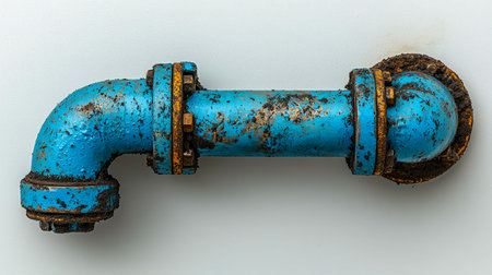 A detailed view of a weathered blue pipe displaying peeling paint and rusted patches, emphasizing...