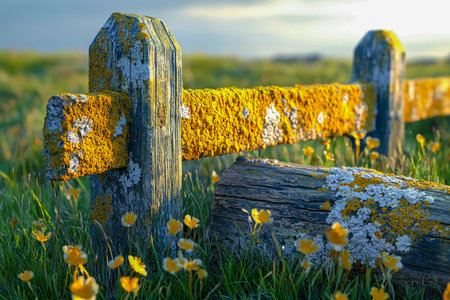 Vintage fence reveals age with bright lichen growth, stretching across lush grass as warm sunset hues create a serene, timeless rural landscape.の写真素材