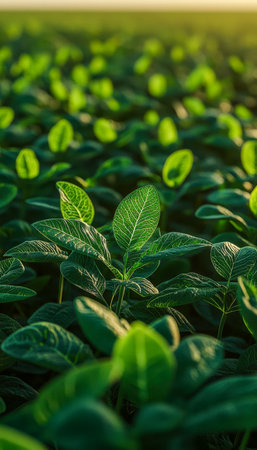 Verdant bean seedlings stretch across a thriving farm, illuminated by gentle sunlight amid rich, fertile soil, showing natural growth and vitality.の写真素材