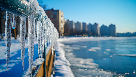 Frozen water droplets dangle from a metal railing, with icy formations contrasting against distant city skyline under winter skies.の写真素材