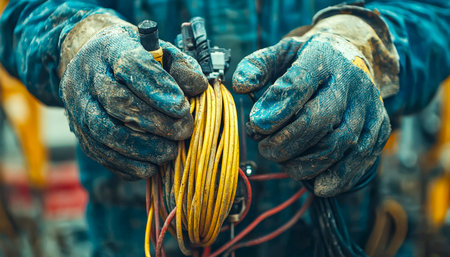 Focused hands grasp vibrant wires with aged gloves, highlighting detailed craftsmanship in industrial electrical repair and ongoing maintenance tasks.の写真素材