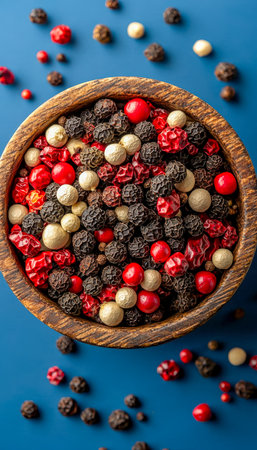 Vibrant whole peppercorns of various colors and sizes nestled in a rustic wooden bowl, set against a bold blue backdrop, perfect for culinary and spicの写真素材