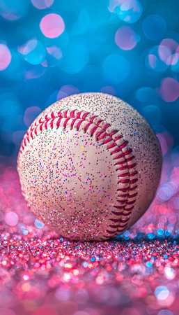 A shimmering baseball resting on a vivid, sparkling backdrop with a bokeh glow, capturing dynamic glamor and festive sport ambiance.の写真素材