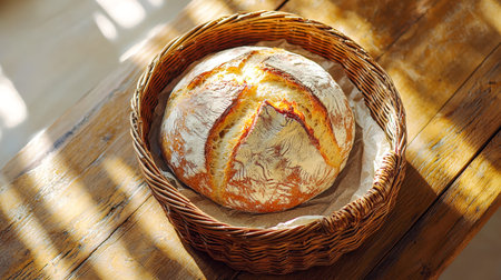 Warm, crusty loaves nestled in a woven basket evoke cozy mornings and artisanal charm, perfect for...