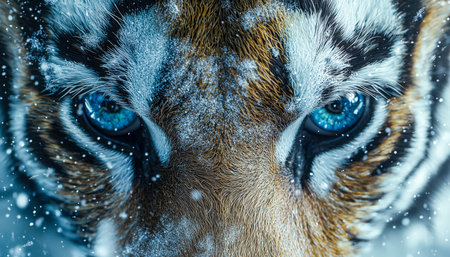 An intense feline gaze pierces through a frosty landscape, showcasing vibrant orange fur contrasted...