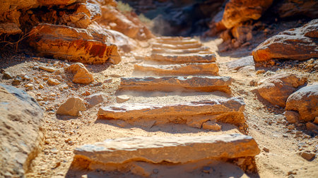 Weathered stone stairs ascend a rugged desert path amid steep canyon walls, capturing textures and arid tones for adventure or nature themes.の写真素材