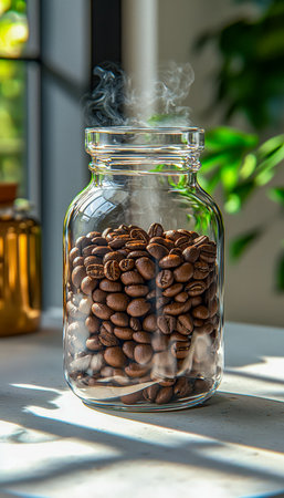 Warm sunlight highlights a jar of freshly roasted coffee beans releasing aromatic steam, set against lush greenery on a cheerful outdoor surface.の写真素材