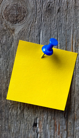 A vibrant yellow paper reminder attached to aged wooden planks with a bright blue pushpin, evoking a rustic, nostalgic workspace mood.の写真素材