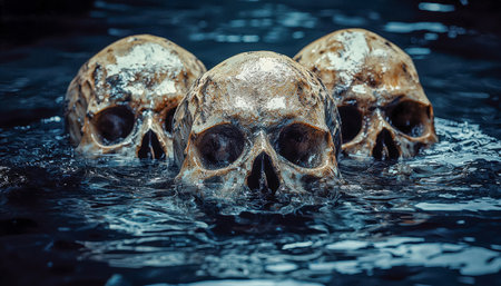 Three weathered skulls rest eerily beneath a moonlit, rippling surface of shadowy water, evoking mystery and haunting ambiance.の写真素材