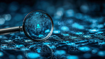 A high-tech scene with a glowing blue digital interface, featuring human figures and a magnifying...
