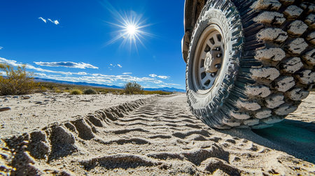 A rugged tire presses into golden sands, leaving marks under the blazing sun with a crisp blue sky overhead, evoking adventure and resilience.の写真素材