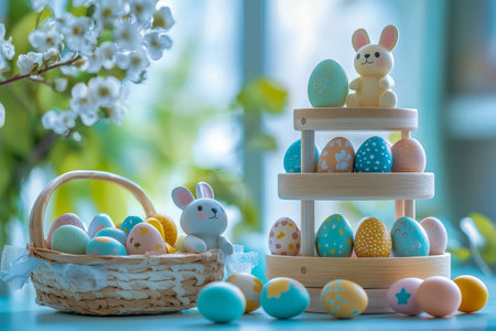 Brightly decorated eggs nestled alongside adorable bunny figurines, set against a delicate cherry...